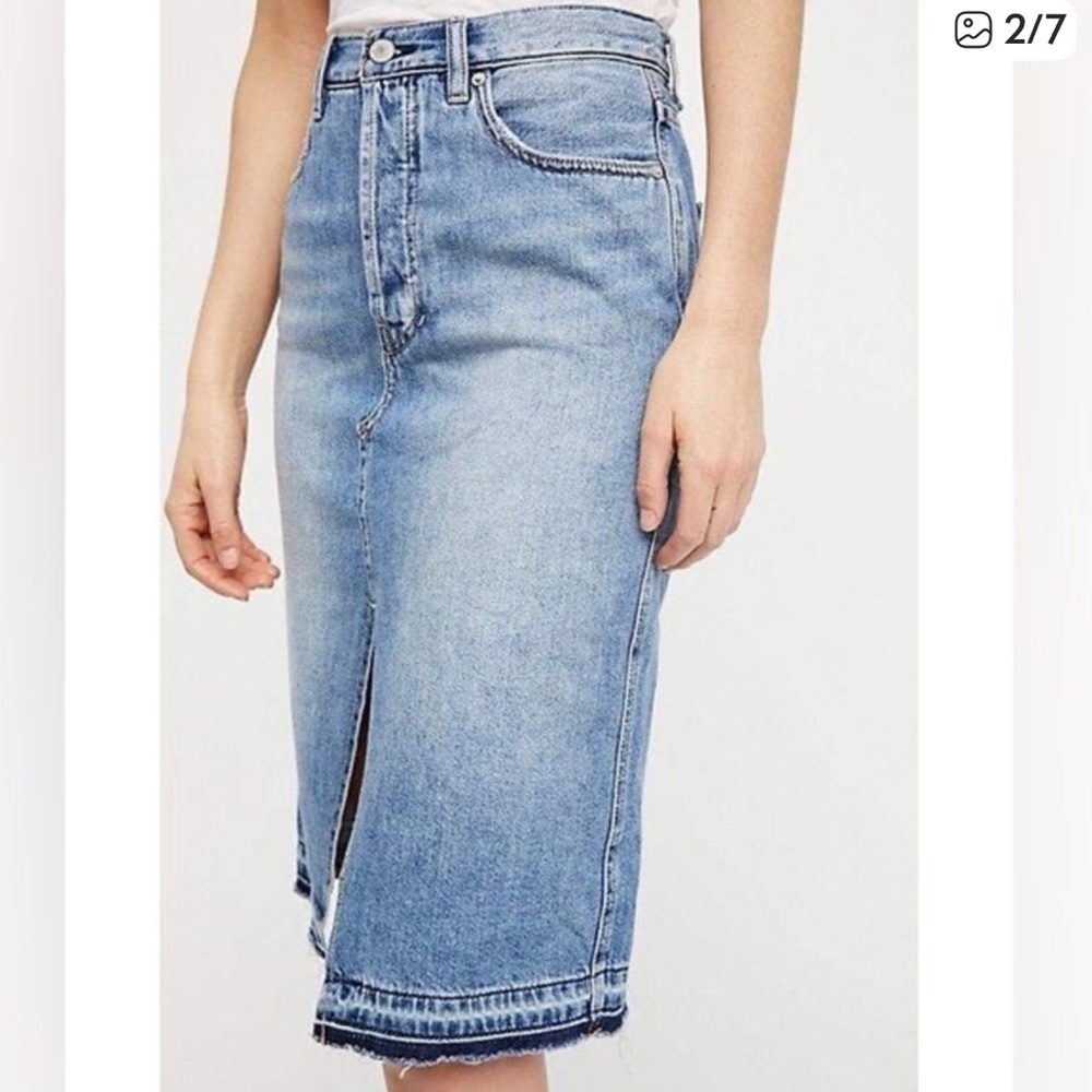 Free People We The Free Distressed Faded Midi Denim Skirt Size 26